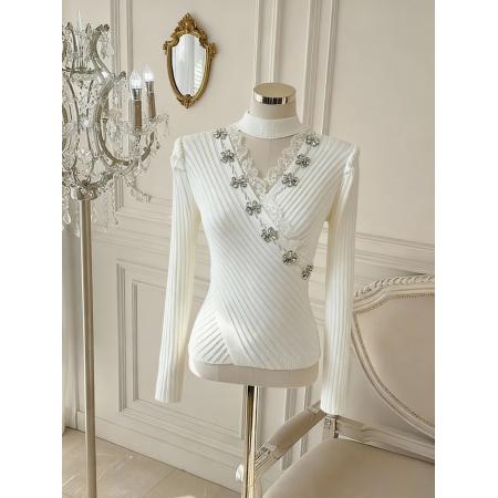 FA49670# 温柔风针织衫女冬季不规则交叉修身气质优雅长袖毛衣