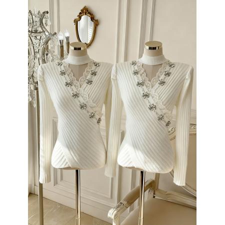 FA49670# 温柔风针织衫女冬季不规则交叉修身气质优雅长袖毛衣