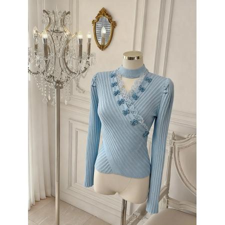 FA49670# 温柔风针织衫女冬季不规则交叉修身气质优雅长袖毛衣