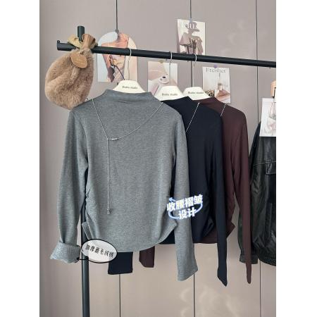 FA49673# 加绒加厚美式正肩长袖t恤女半高领独特收腰褶皱上衣