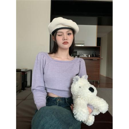 FA49674# 复古方领显瘦泡泡袖高腰短款针织毛衣