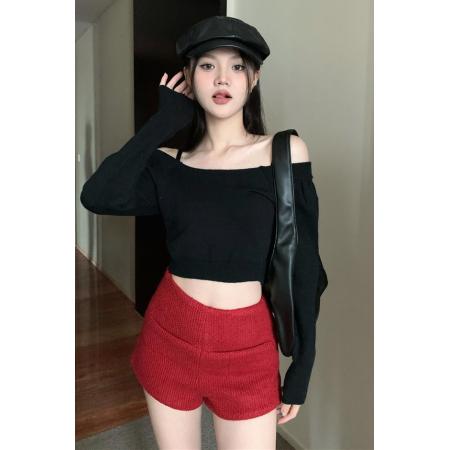 FA49674# 复古方领显瘦泡泡袖高腰短款针织毛衣