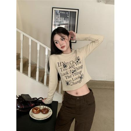 FA49675# 加厚打底美式复古字母印花短款长袖T恤