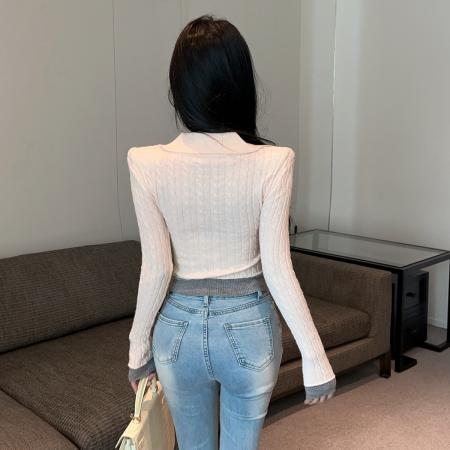 FA49679# 假两件Polo领针织衫秋冬气质纯欲v领上衣打底衫内搭麻花毛衣