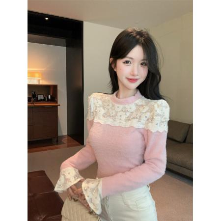 FA49682# 设计感小众气质蕾丝拼接打底衫半高领喇叭袖钉珠上衣