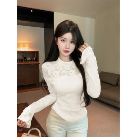 FA49682# 设计感小众气质蕾丝拼接打底衫半高领喇叭袖钉珠上衣