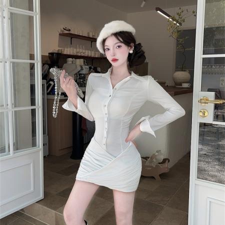 FA49685# 时尚包臀连衣裙mm法式纯欲气质辣妹修身设计感衬衫收腰短裙