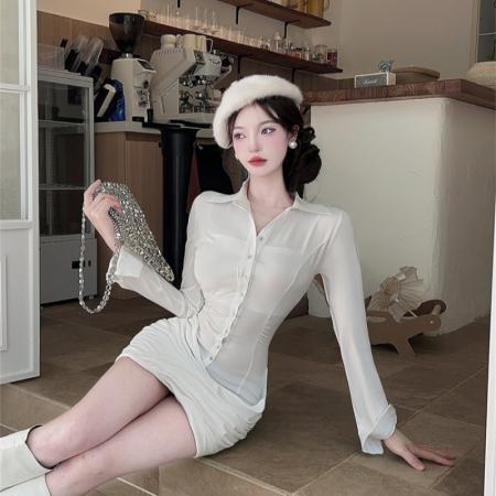 FA49685# 时尚包臀连衣裙mm法式纯欲气质辣妹修身设计感衬衫收腰短裙