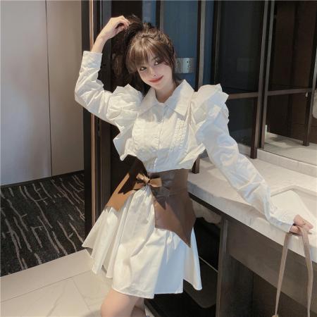 FA49687# 宫廷气质桔梗女神设计感荷叶边衬衫连衣裙腰封两件套