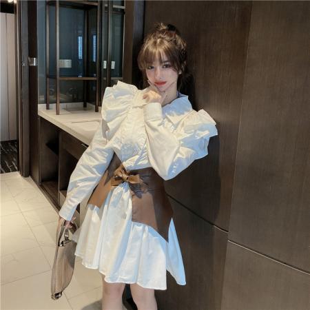 FA49687# 宫廷气质桔梗女神设计感荷叶边衬衫连衣裙腰封两件套