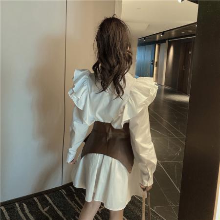 FA49687# 宫廷气质桔梗女神设计感荷叶边衬衫连衣裙腰封两件套