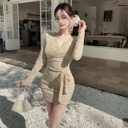 FA49688# 法式气质蕾丝纯欲V领收腰绑带连衣裙修身显瘦性感夜店包臀裙