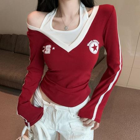 FA49690# 美式辣妹撞色拼接假两件长袖t恤女秋季甜酷印花挂脖露肩褶皱上衣