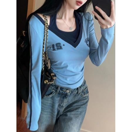 FA49690# 美式辣妹撞色拼接假两件长袖t恤女秋季甜酷印花挂脖露肩褶皱上衣