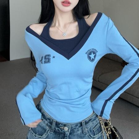FA49690# 美式辣妹撞色拼接假两件长袖t恤女秋季甜酷印花挂脖露肩褶皱上衣