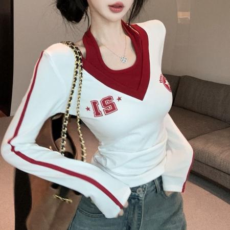 FA49690# 美式辣妹撞色拼接假两件长袖t恤女秋季甜酷印花挂脖露肩褶皱上衣