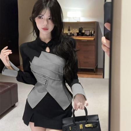 FA49691# 复古洋气镂空撞色开叉长袖T恤打底衫时尚性感气质显瘦套头上衣女