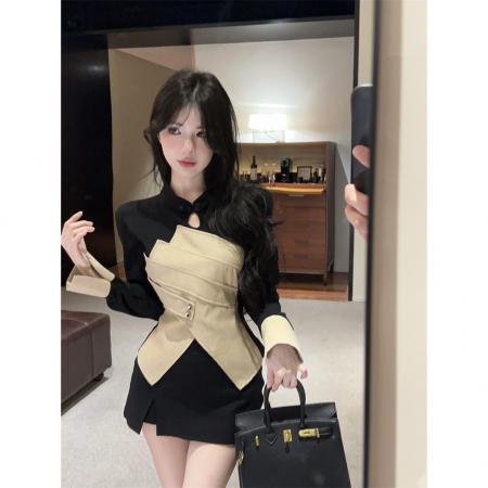 FA49691# 复古洋气镂空撞色开叉长袖T恤打底衫时尚性感气质显瘦套头上衣女