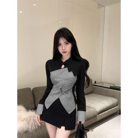 FA49691# 复古洋气镂空撞色开叉长袖T恤打底衫时尚性感气质显瘦套头上衣女