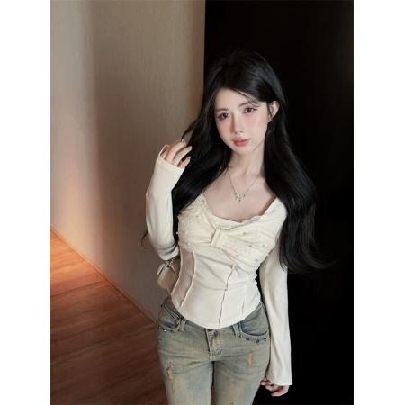 FA49692# 小众辣妹性感法式方领重工钉珠蝴蝶结长袖修身磨毛上衣