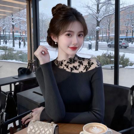 FA49693# 秋冬新款巨好看轻熟上衣高级感独特别致漂亮蕾丝拼接显瘦打底衫女