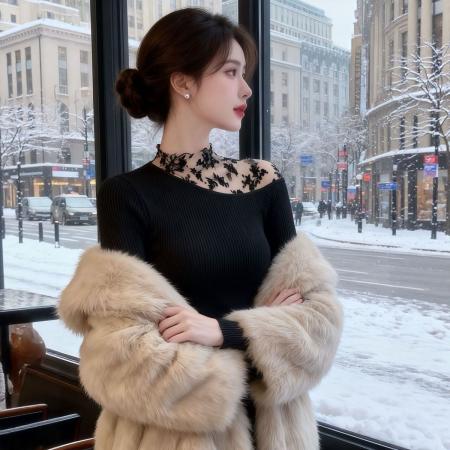 FA49693# 秋冬新款巨好看轻熟上衣高级感独特别致漂亮蕾丝拼接显瘦打底衫女