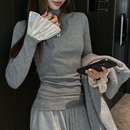 FA49694# 浅灰秋冬新款打底衫女拼接内搭半高领长袖磨毛T恤喇叭袖设计上衣