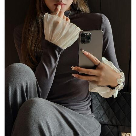 FA49694# 浅灰秋冬新款打底衫女拼接内搭半高领长袖磨毛T恤喇叭袖设计上衣
