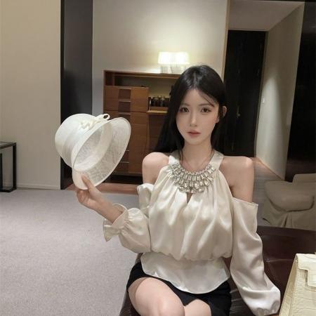 FA49695# 御姐风性感镂空拼接镶钻重工挂脖衬衫女春秋冬季露肩长袖衬衣上衣