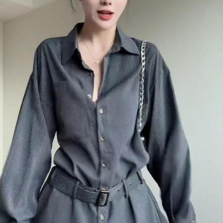 FA49697# 大码高级感复古条纹衬衫女装秋季新款设计感衬衣胖MM宽松显瘦上衣