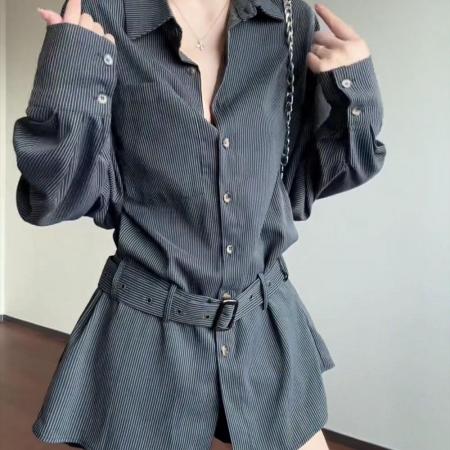 FA49697# 大码高级感复古条纹衬衫女装秋季新款设计感衬衣胖MM宽松显瘦上衣