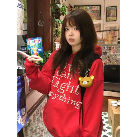 FA49700# 红色连帽卫衣女秋冬字母钉珠大码女装宽松显瘦情侣外套上衣