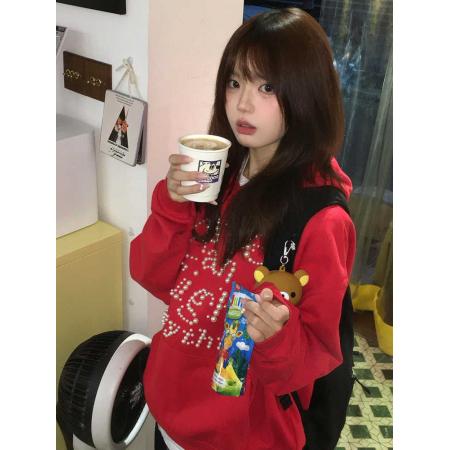 FA49700# 红色连帽卫衣女秋冬字母钉珠大码女装宽松显瘦情侣外套上衣