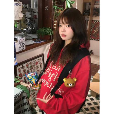 FA49700# 红色连帽卫衣女秋冬字母钉珠大码女装宽松显瘦情侣外套上衣
