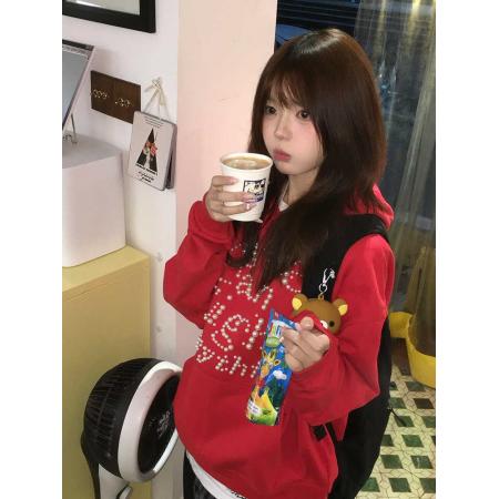 FA49700# 红色连帽卫衣女秋冬字母钉珠大码女装宽松显瘦情侣外套上衣