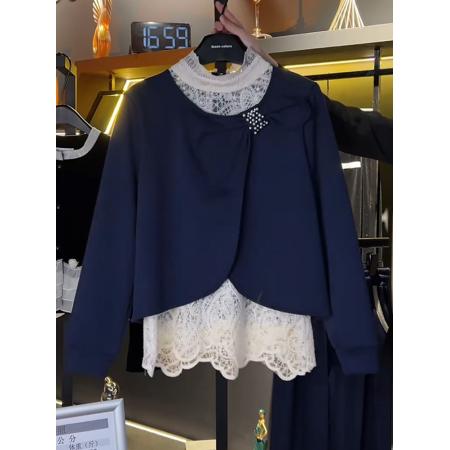 FA49701# 法式蕾丝拼接假两件卫衣女春秋新款韩版时尚百搭钉珠设计上衣