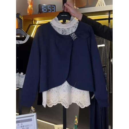 FA49701# 法式蕾丝拼接假两件卫衣女春秋新款韩版时尚百搭钉珠设计上衣
