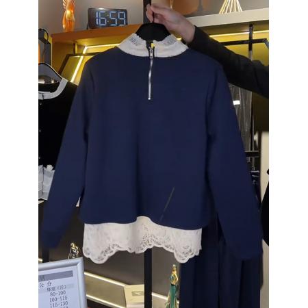FA49701# 法式蕾丝拼接假两件卫衣女春秋新款韩版时尚百搭钉珠设计上衣