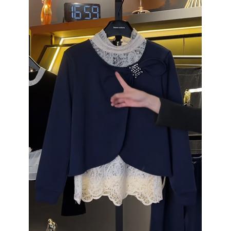 FA49701# 法式蕾丝拼接假两件卫衣女春秋新款韩版时尚百搭钉珠设计上衣