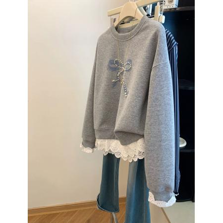 FA49702# 韩国chic秋冬新款钉珠蝴蝶结拼蕾丝花边卫衣女韩版宽松大码长袖