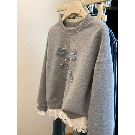 FA49702# 韩国chic秋冬新款钉珠蝴蝶结拼蕾丝花边卫衣女韩版宽松大码长袖