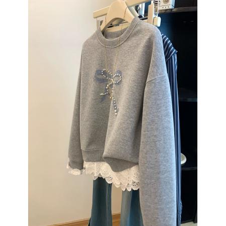 FA49702# 韩国chic秋冬新款钉珠蝴蝶结拼蕾丝花边卫衣女韩版宽松大码长袖