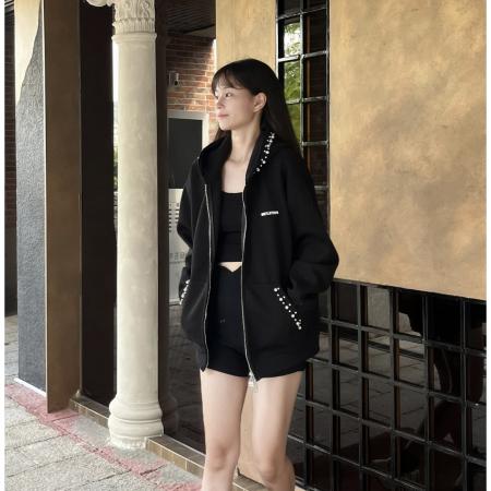 FA49705# 加绒重磅珍珠钉珠开衫外套女秋冬季字母刺绣潮牌休闲连帽卫衣