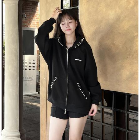 FA49705# 加绒重磅珍珠钉珠开衫外套女秋冬季字母刺绣潮牌休闲连帽卫衣