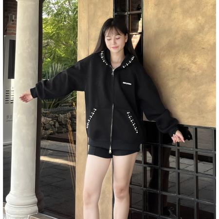 FA49705# 加绒重磅珍珠钉珠开衫外套女秋冬季字母刺绣潮牌休闲连帽卫衣