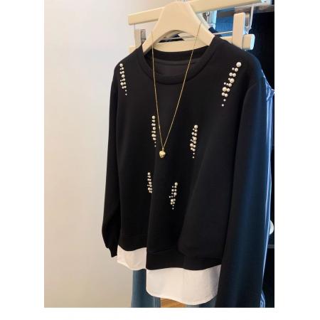 FA49707# 曼巴棉260g大码宽松设计感长袖T恤女钉珠卫衣个性休闲风潮牌上衣