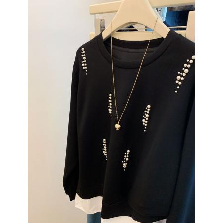 FA49707# 曼巴棉260g大码宽松设计感长袖T恤女钉珠卫衣个性休闲风潮牌上衣