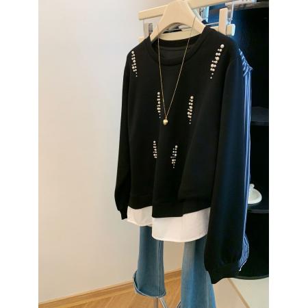 FA49707# 曼巴棉260g大码宽松设计感长袖T恤女钉珠卫衣个性休闲风潮牌上衣