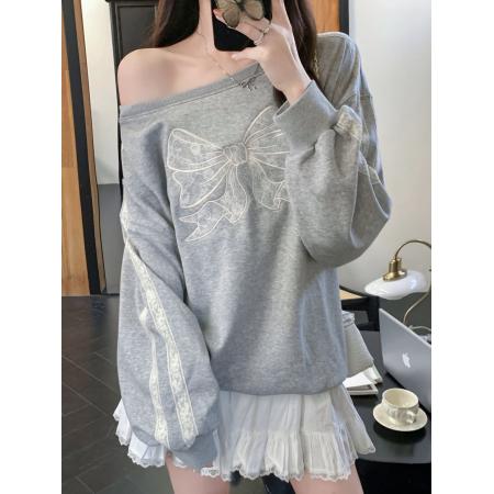 FA49708# 华棉复合薄款/加绒斜肩卫衣女感蕾丝花边重工刺绣