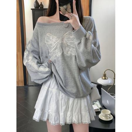 FA49708# 华棉复合薄款/加绒斜肩卫衣女感蕾丝花边重工刺绣